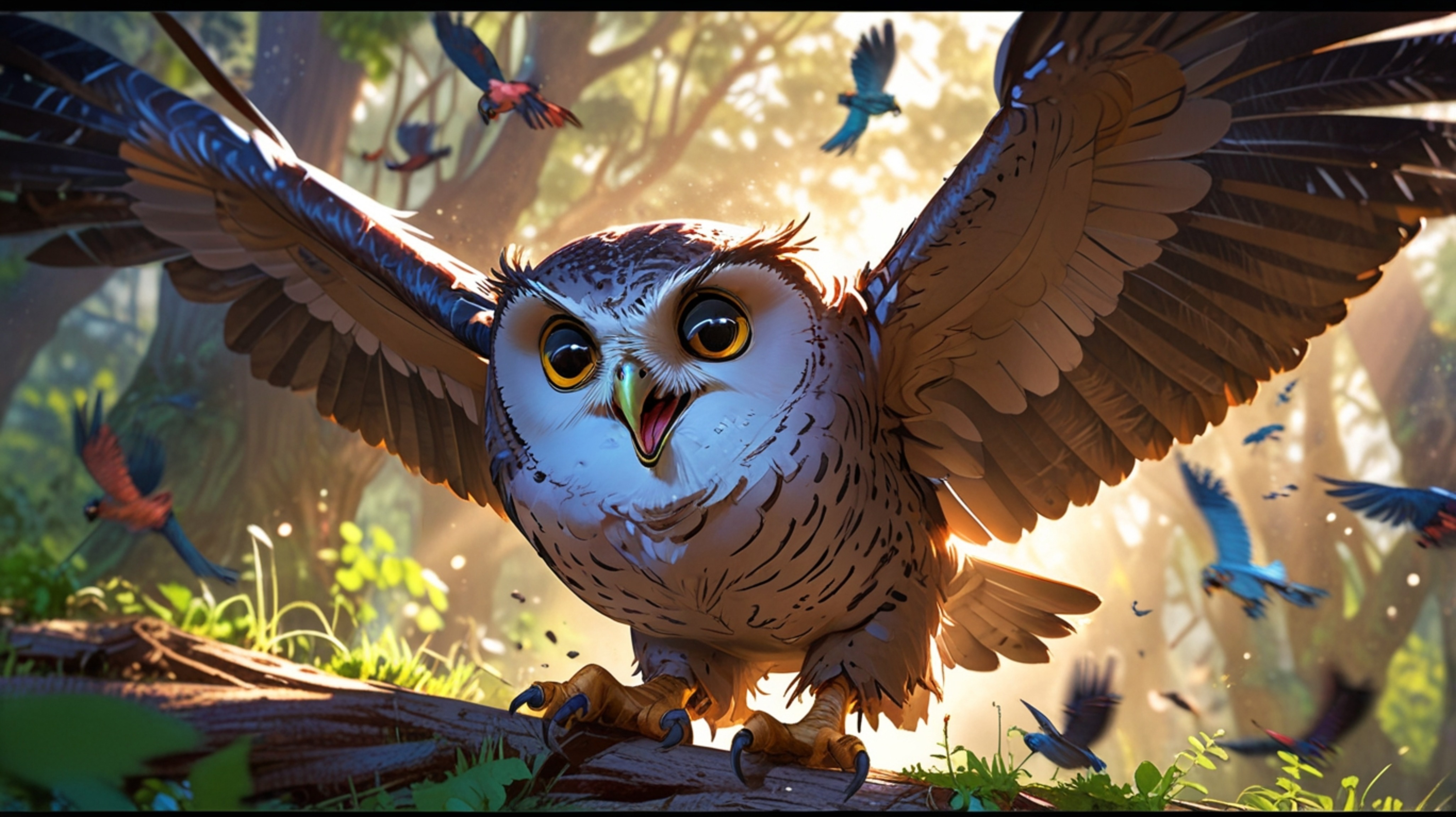 In a heartwarming and visually satisfying scene, rendered in a beautiful blend of Pixar and anime styles, a wise blind owl is