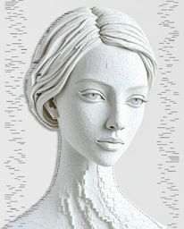 A captivating digital glitch art portrait, meticulously sculpted from layered papier-mâché.  This unique piece features a cor
