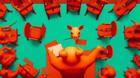 An overhead bird's-eye view showcases a pig character energetically conducting an orchestra.  The scene is brought to life wi