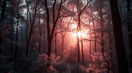 Experience the magic of a surreal infrared photograph depicting a sunset filtering through a dense forest.  Gentle color cont