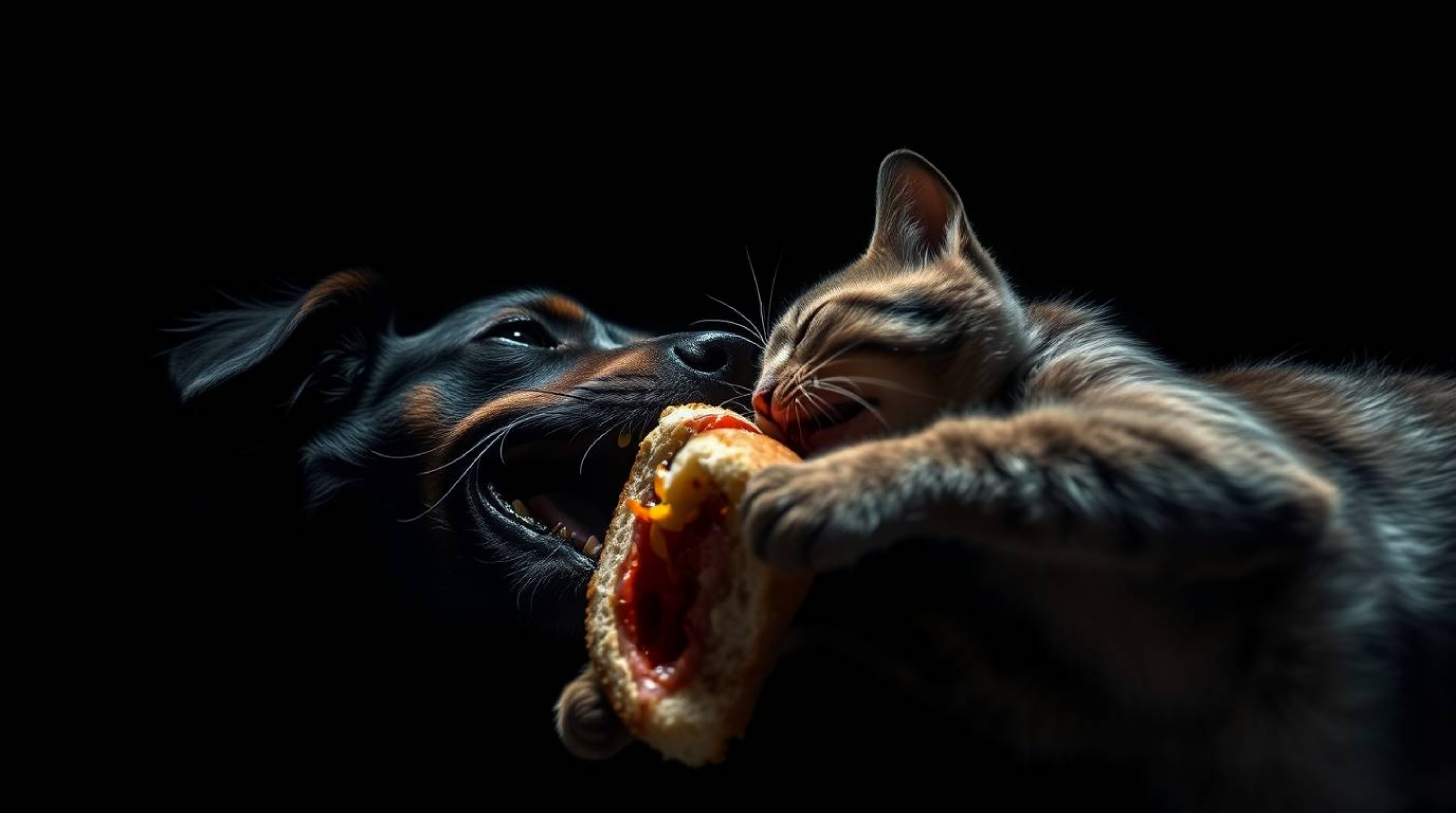 A captivating image depicts a dramatic struggle between a dog and a cat vying for a large sandwich.  Shot from a low angle wi