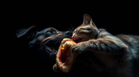 A captivating image depicts a dramatic struggle between a dog and a cat vying for a large sandwich.  Shot from a low angle wi