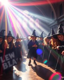 Step into a magical school brimming with young wizards, bathed in an ethereal light that creates a vibrant and mystical atmos