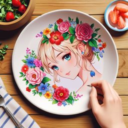 A beautiful hand-painted porcelain plate featuring an exquisite floral design rests gracefully on a rustic wooden table. This