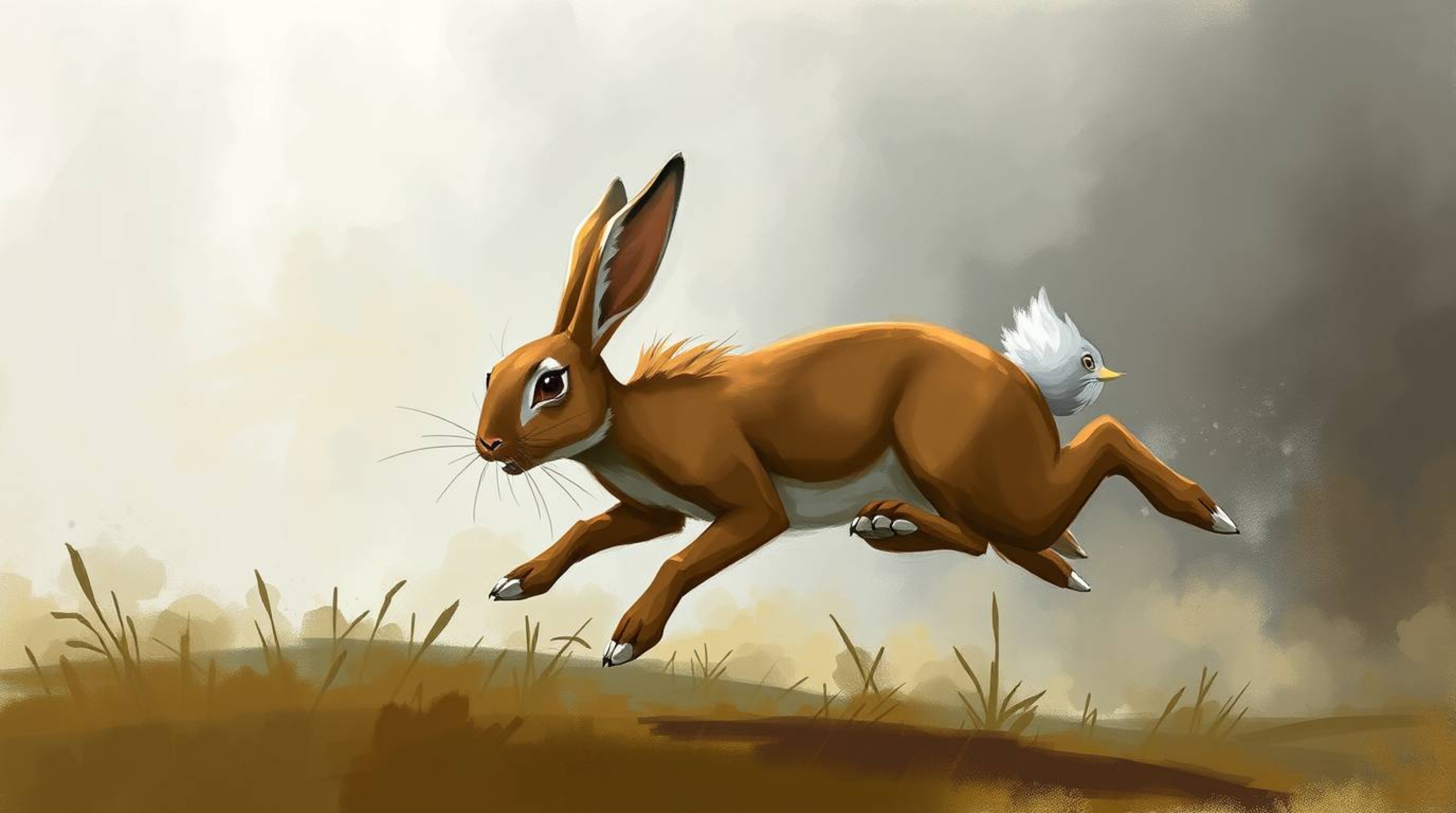 A dynamic digital sketch portrays a graceful and elegant rabbit with refined features outrunning a hunter against a misty atm