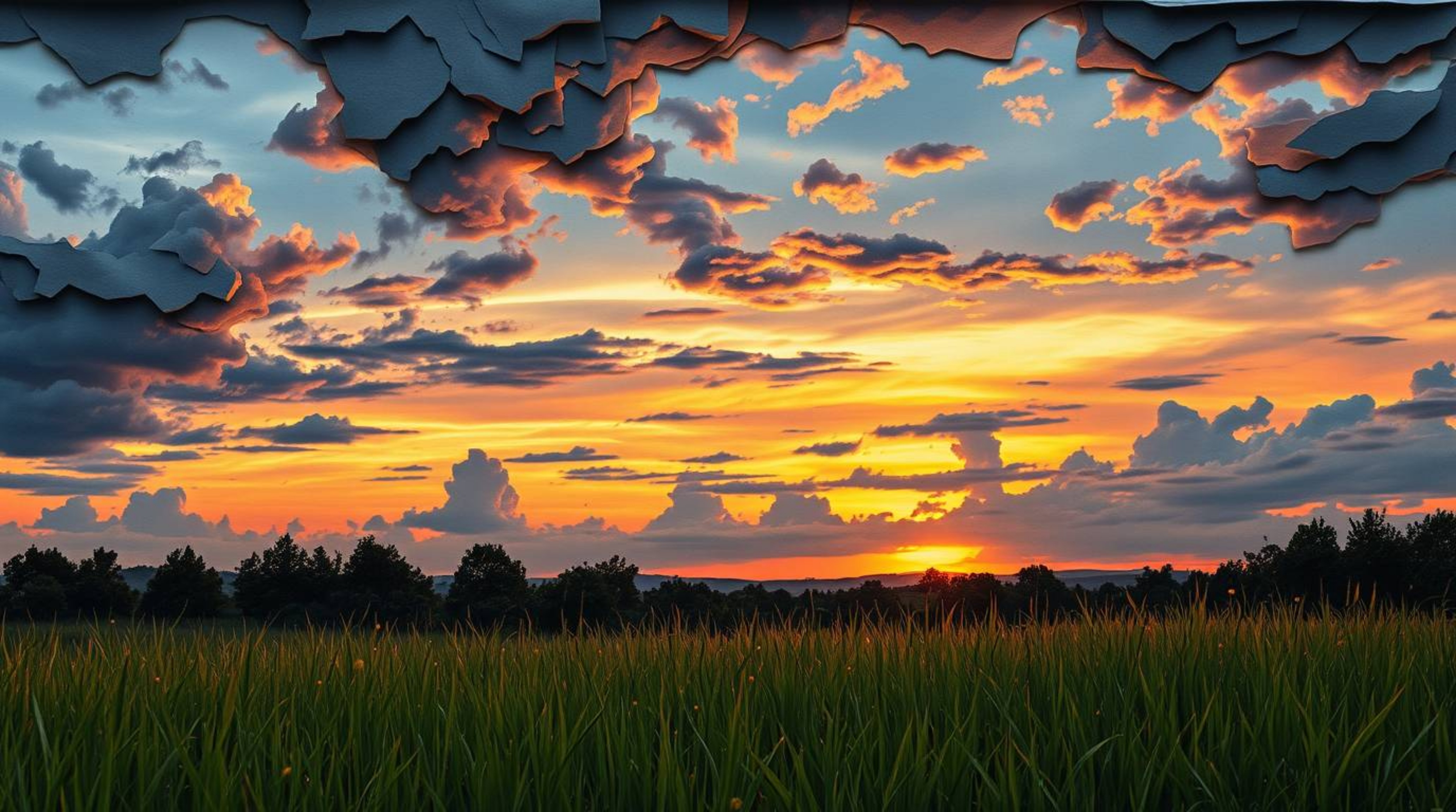 Experience the high tension of a dramatic sunset over a tranquil meadow, where fireflies begin to emerge. This artwork, metic