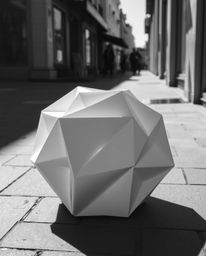A captivating monochrome street photograph captures a striking 3D geometric pattern, reminiscent of folded paper, creating an
