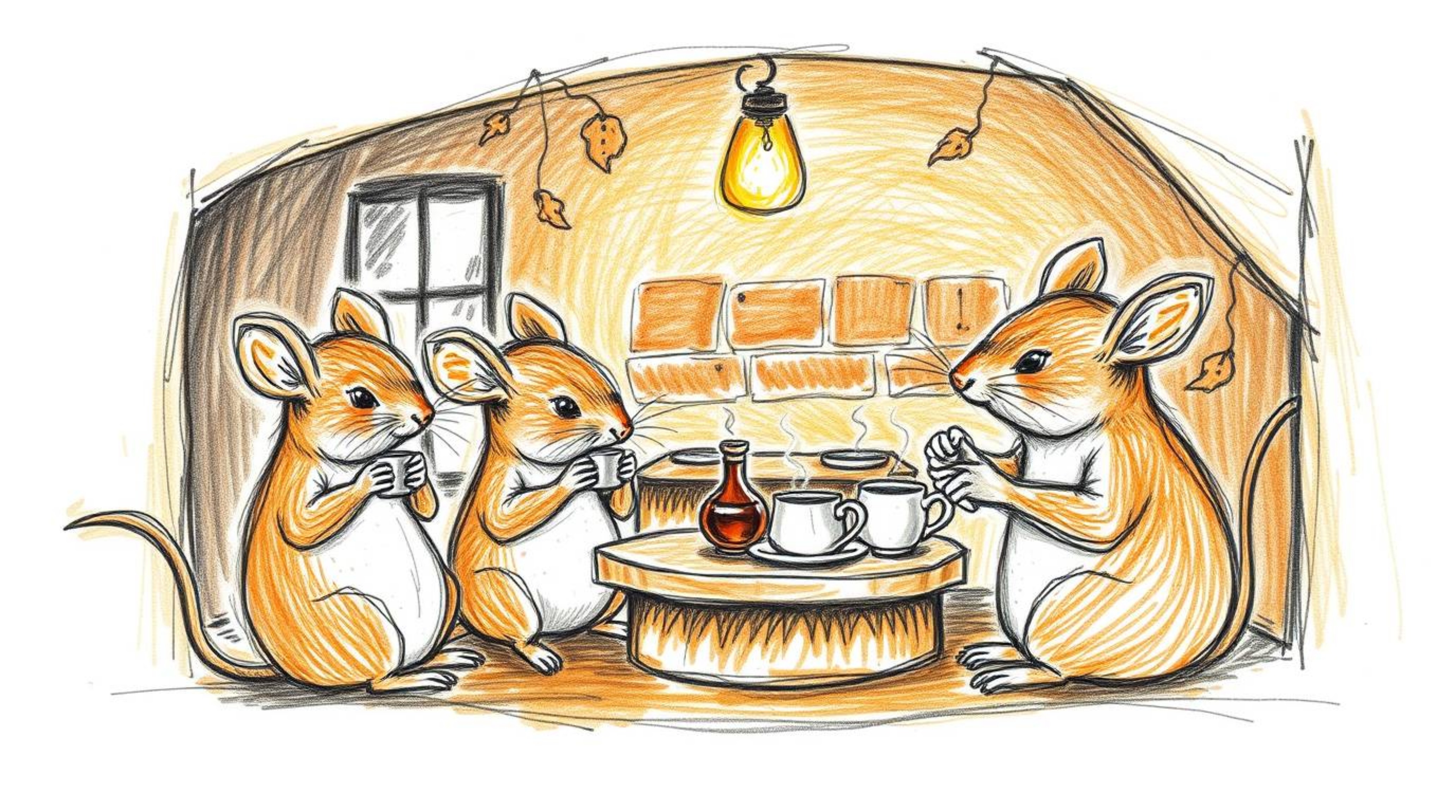 A charming hand-drawn sketch depicting anthropomorphic mice enjoying a delightful tea party within a cozy cottage. Rendered i