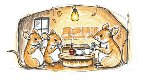 A charming hand-drawn sketch depicting anthropomorphic mice enjoying a delightful tea party within a cozy cottage. Rendered i