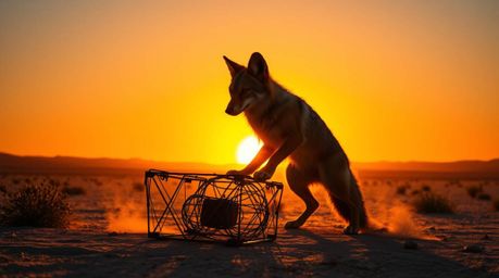 A majestic coyote, silhouetted against a blazing desert sunset, is captured in an epic scene setting up a ridiculously oversi