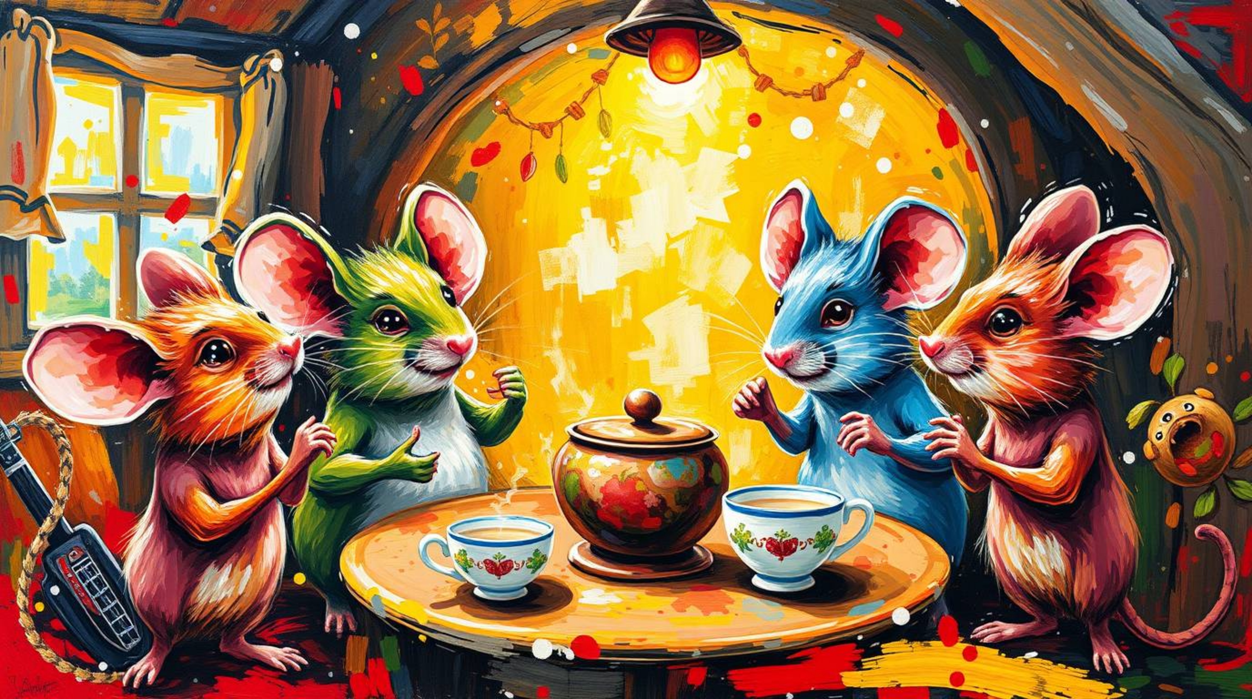 A dynamic acrylic painting featuring anthropomorphic mice engaged in a delightful tea party within a cozy cottage setting. Th