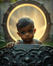 A curious child with bronze-like skin stumbles upon a mesmerizing magical portal hidden in their backyard. Rendered with stu