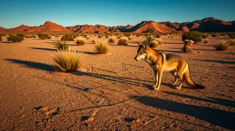 A long-exposure photograph captures a coyote meticulously setting up a ridiculously elaborate trap in the stark desert landsc