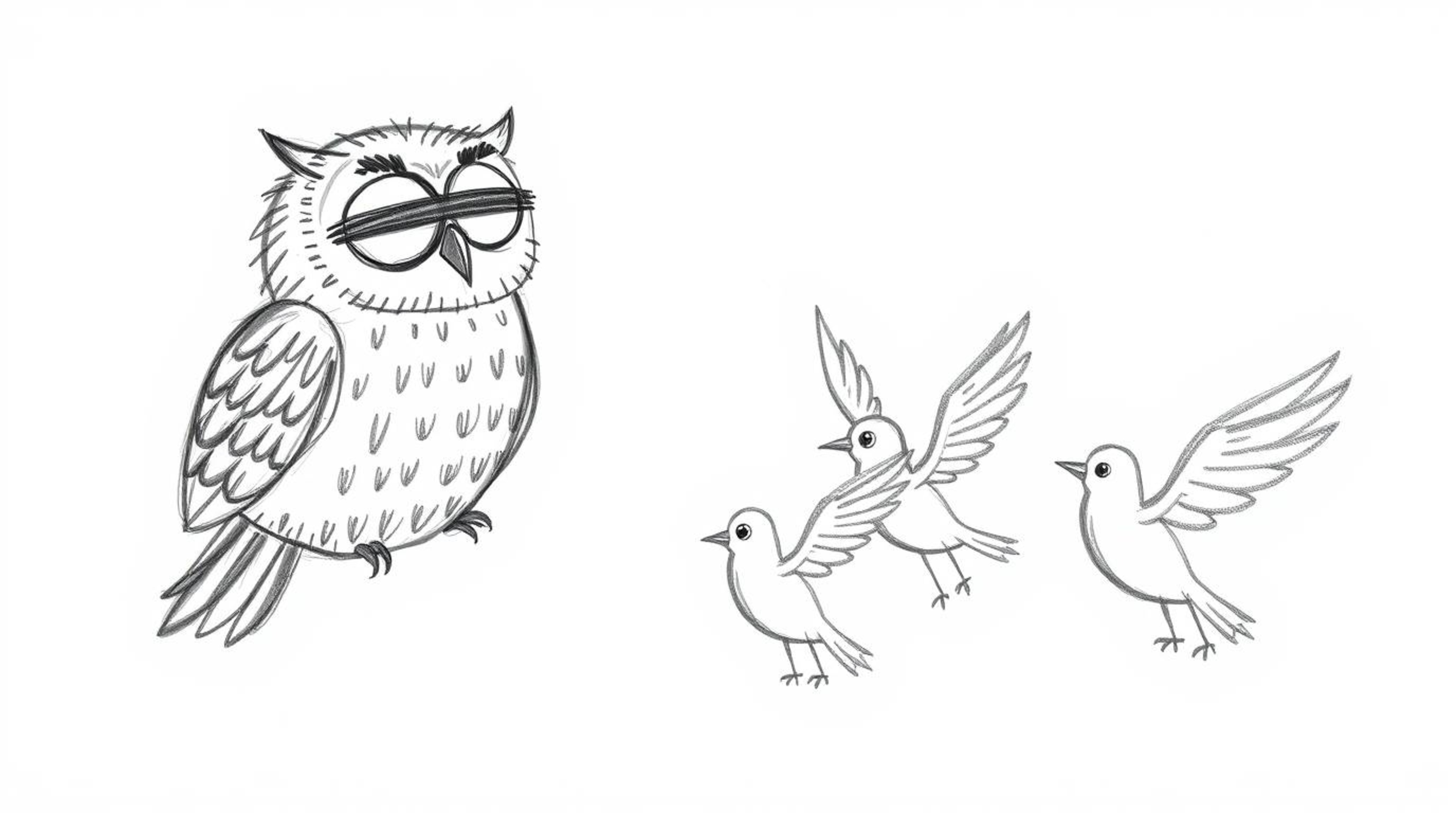 A heartwarming hand-drawn sketch in a Pixar-inspired style depicts a blind owl with simplified, expressive features passionat