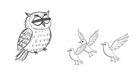 A heartwarming hand-drawn sketch in a Pixar-inspired style depicts a blind owl with simplified, expressive features passionat