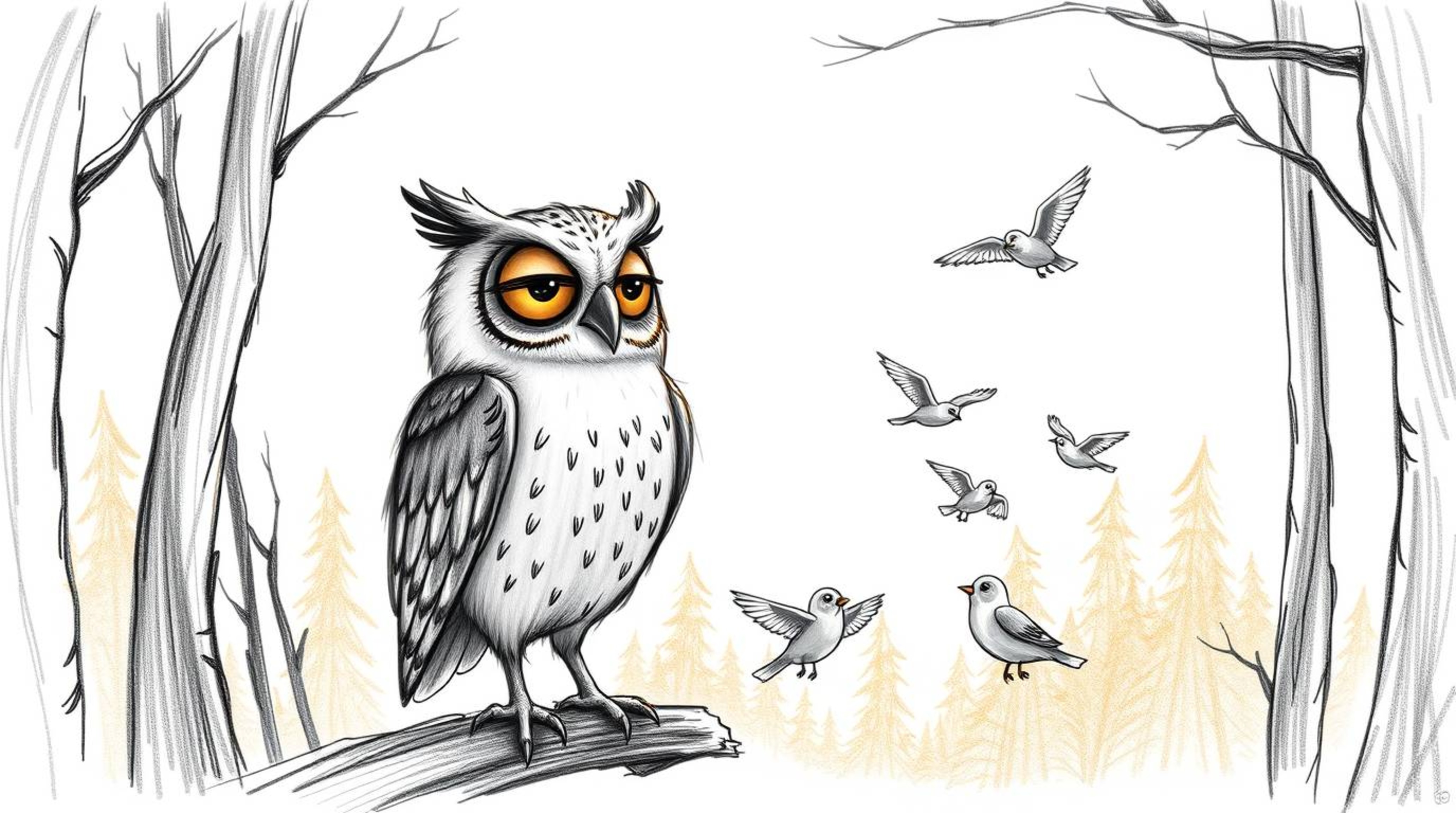 A heartwarming hand-drawn sketch in the style of Pixar, depicting a kind, blind owl patiently instructing a flock of birds on