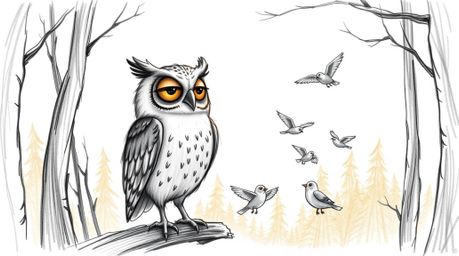 A heartwarming hand-drawn sketch in the style of Pixar, depicting a kind, blind owl patiently instructing a flock of birds on