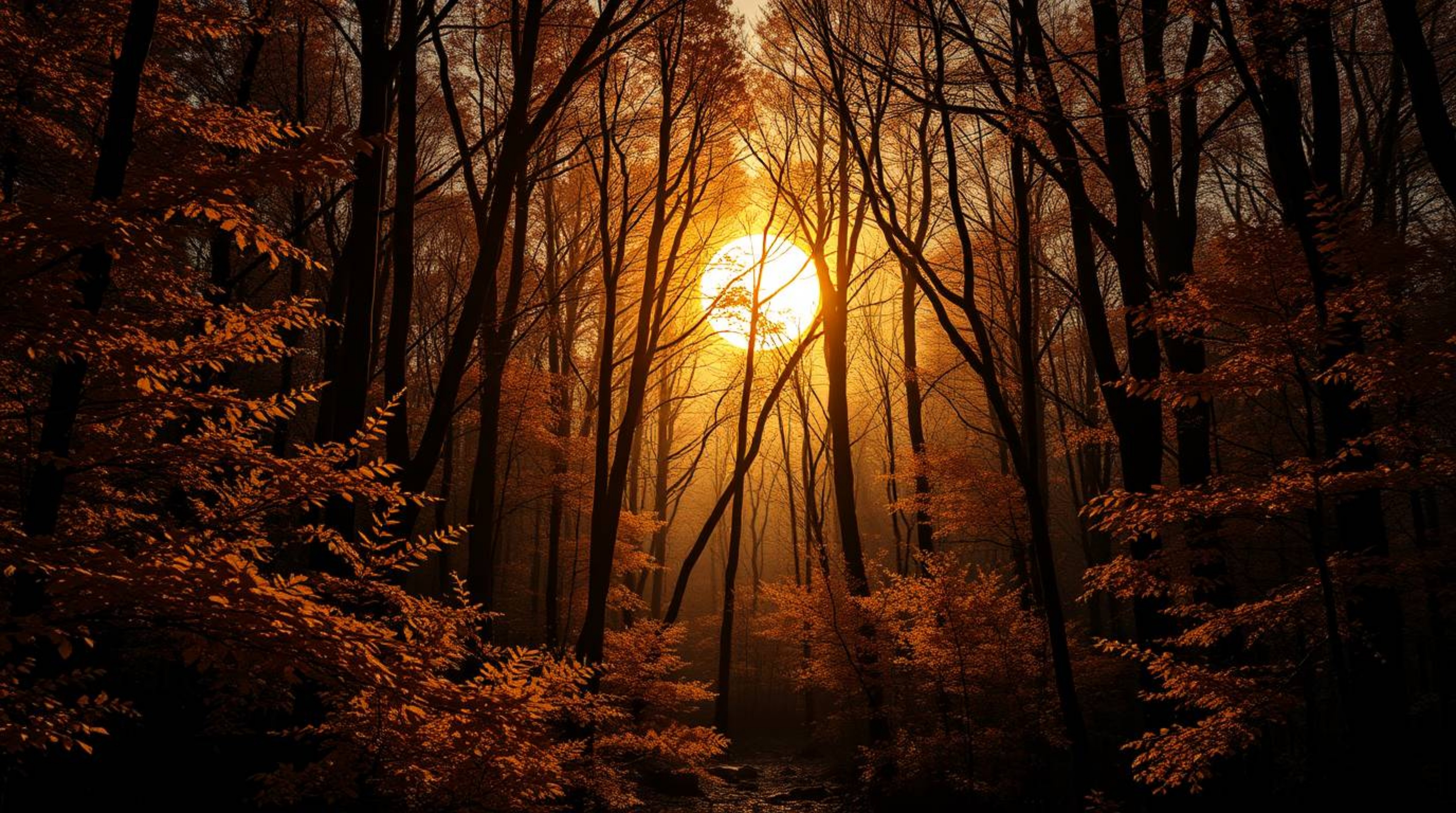 Immerse yourself in a futuristic sci-fi autumn forest, where intense jet black hues contrast with golden leaves illuminated b