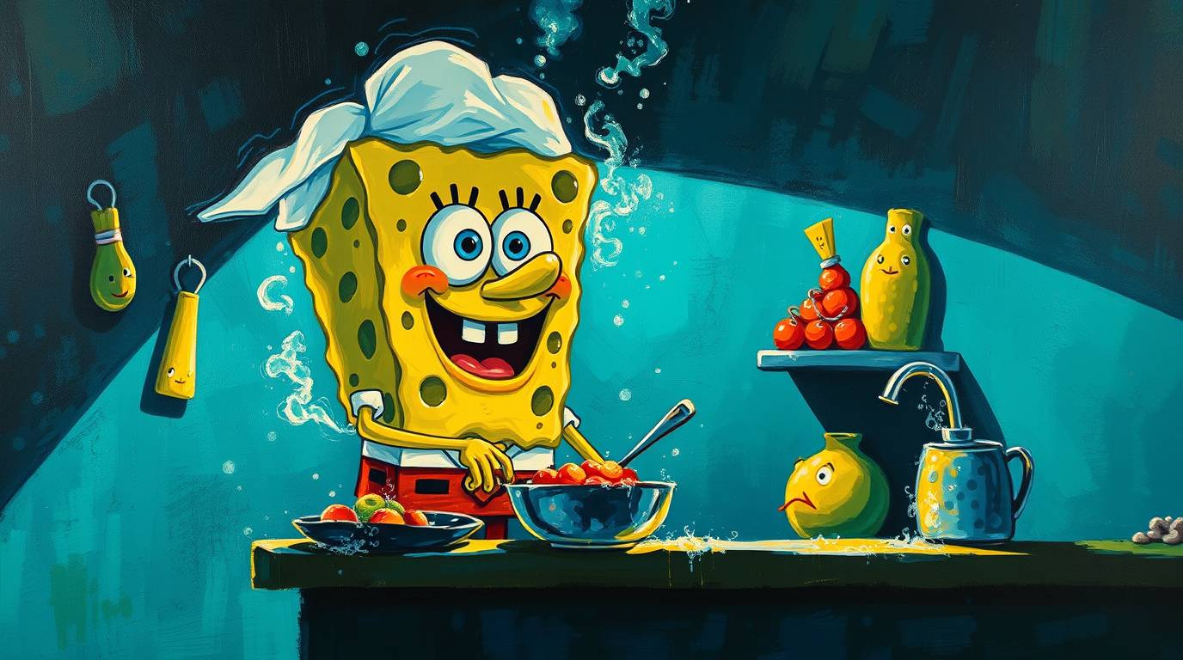 A vibrant bold acrylic painting depicts a sponge character cooking in a fantastical underwater kitchen.  Chiaroscuro lighting