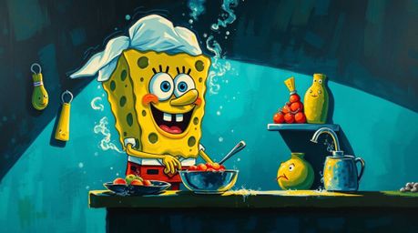 A vibrant bold acrylic painting depicts a sponge character cooking in a fantastical underwater kitchen.  Chiaroscuro lighting