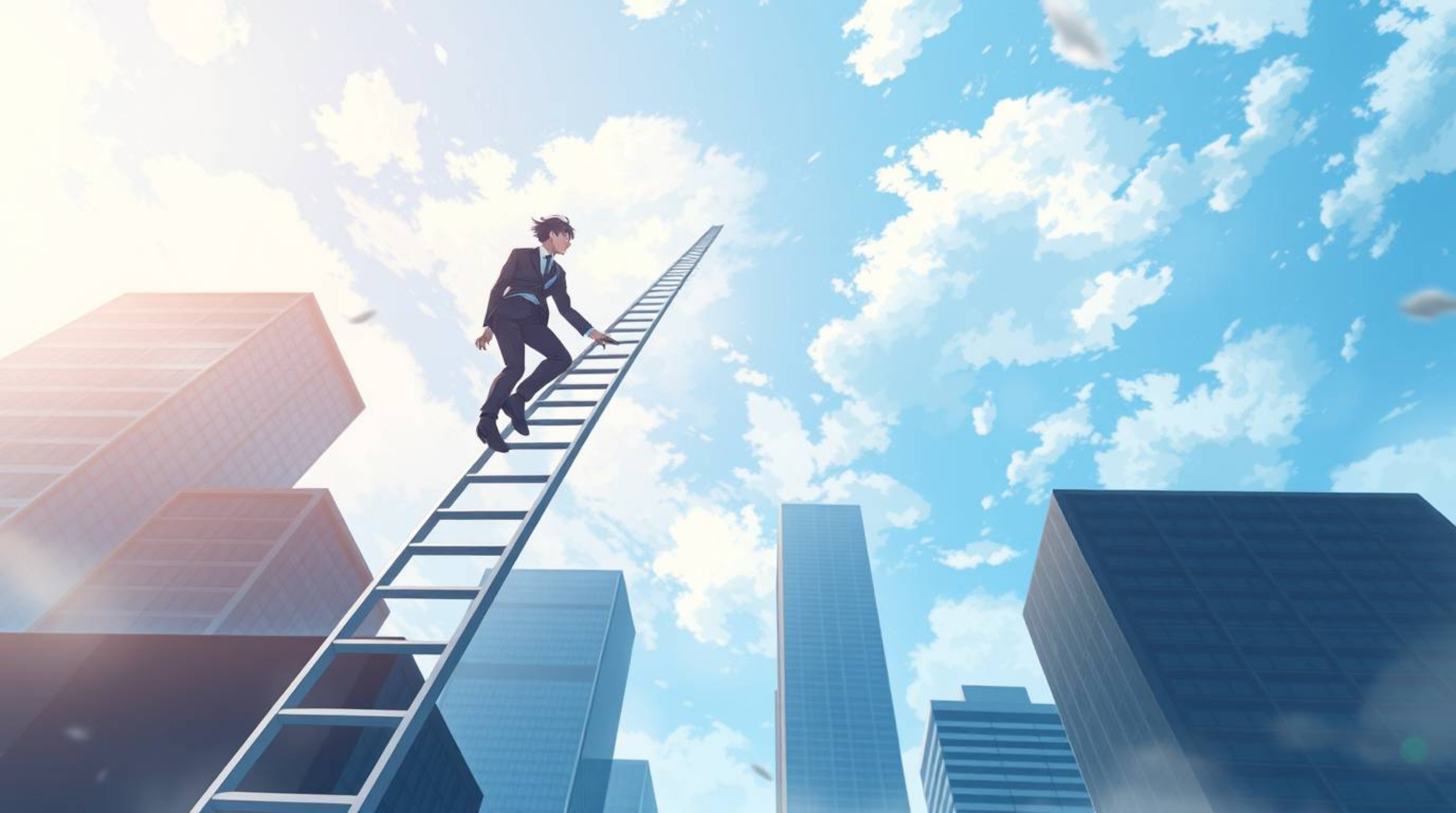 An evocative Isekai-style anime illustration depicts a determined businessperson ascending a transparent ladder that stretche