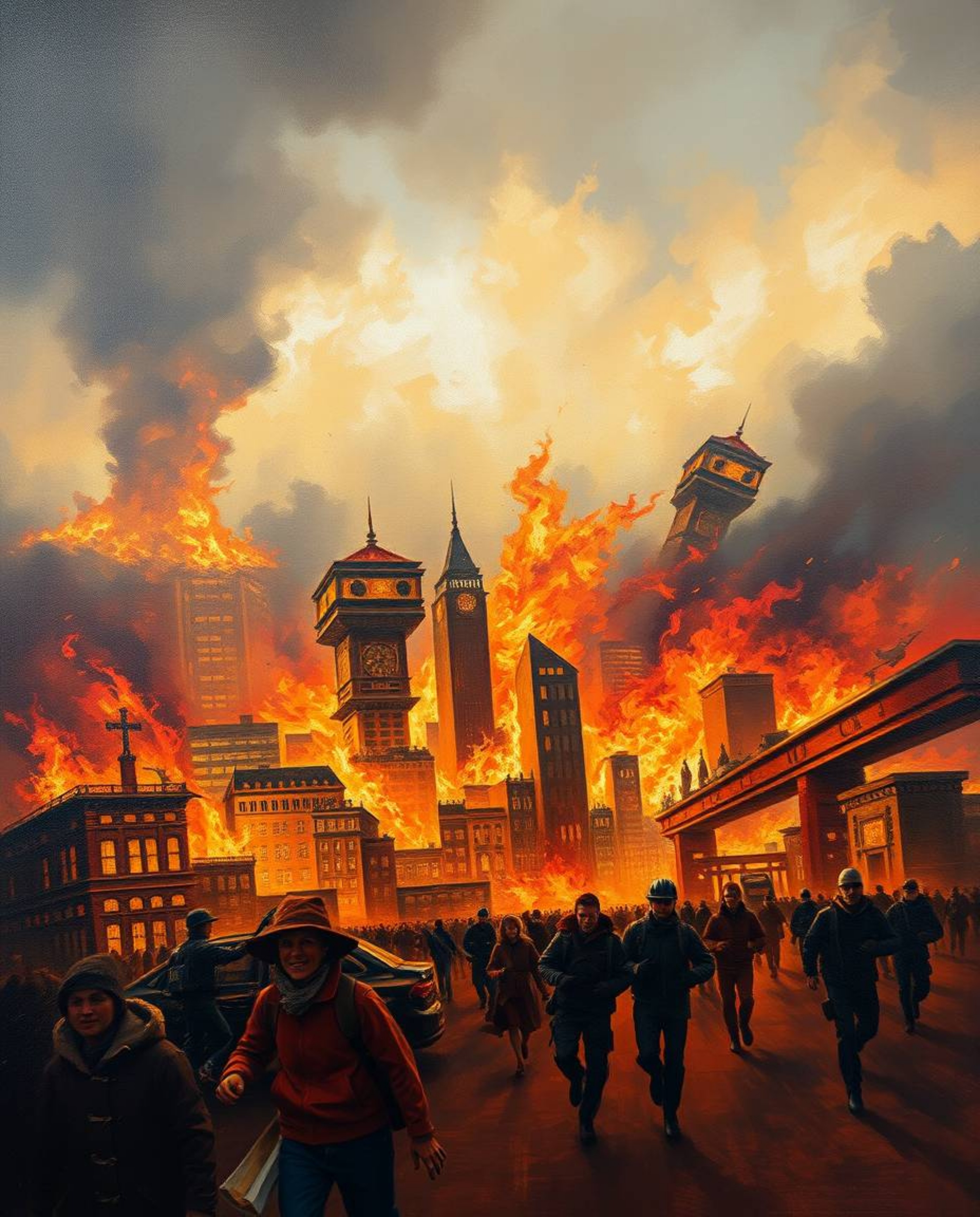 A classic oil painting depicting a city engulfed in flames with people running in all directions creates a dramatic and compe