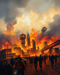 A classic oil painting depicting a city engulfed in flames with people running in all directions creates a dramatic and compe