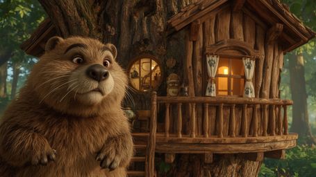 A highly detailed, high-resolution stock photo captures an anthropomorphic beaver with bright, expressive brown eyes and soft