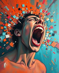A vibrant acrylic painting depicts a person screaming amidst a world shattering into pixels.  The artwork contrasts warm terr