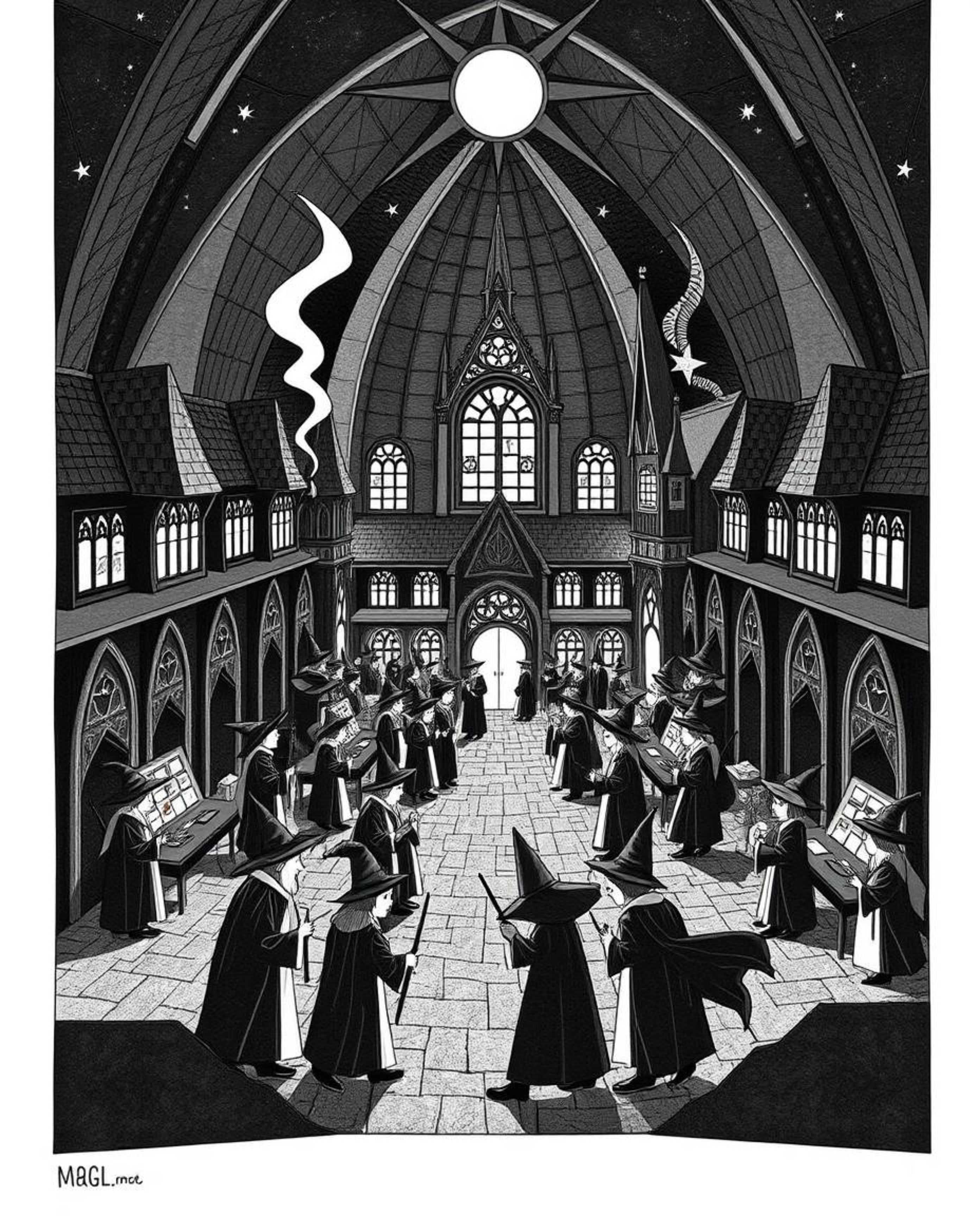 Explore a magical school brimming with young wizards in this intricate origami-style illustration. Rendered in pure black ink