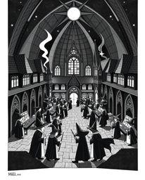 Explore a magical school brimming with young wizards in this intricate origami-style illustration. Rendered in pure black ink