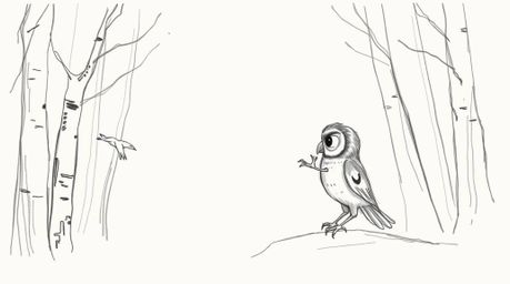 A heartwarming hand-drawn sketch, reminiscent of Pixar animation, depicts a blind owl patiently instructing birds on the art 