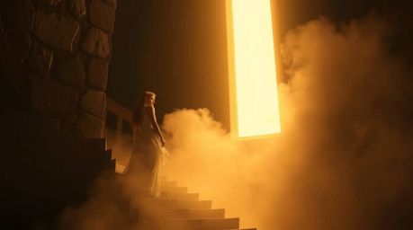 A lone figure with graceful, elegant, and refined features ascends a weathered stone staircase towards a divine beam of light