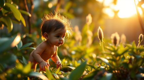 A miniature hero embarks on an epic adventure through a vibrant backyard jungle, illuminated by the warm glow of golden hour.