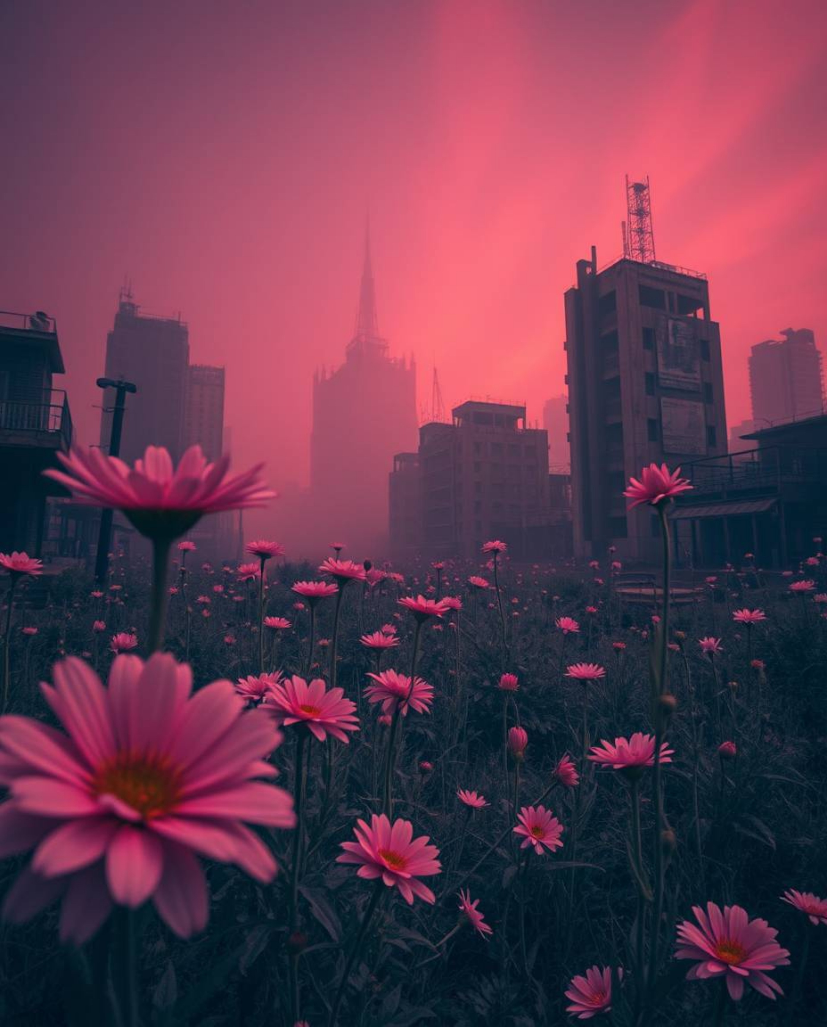 Explore a surreal landscape where infrared tones paint an eerie picture of a post-apocalyptic city. Witness the resilience of