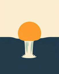 A modern flat design featuring simple, two-dimensional shapes that beautifully depict a sun setting behind a dramatic waterfa