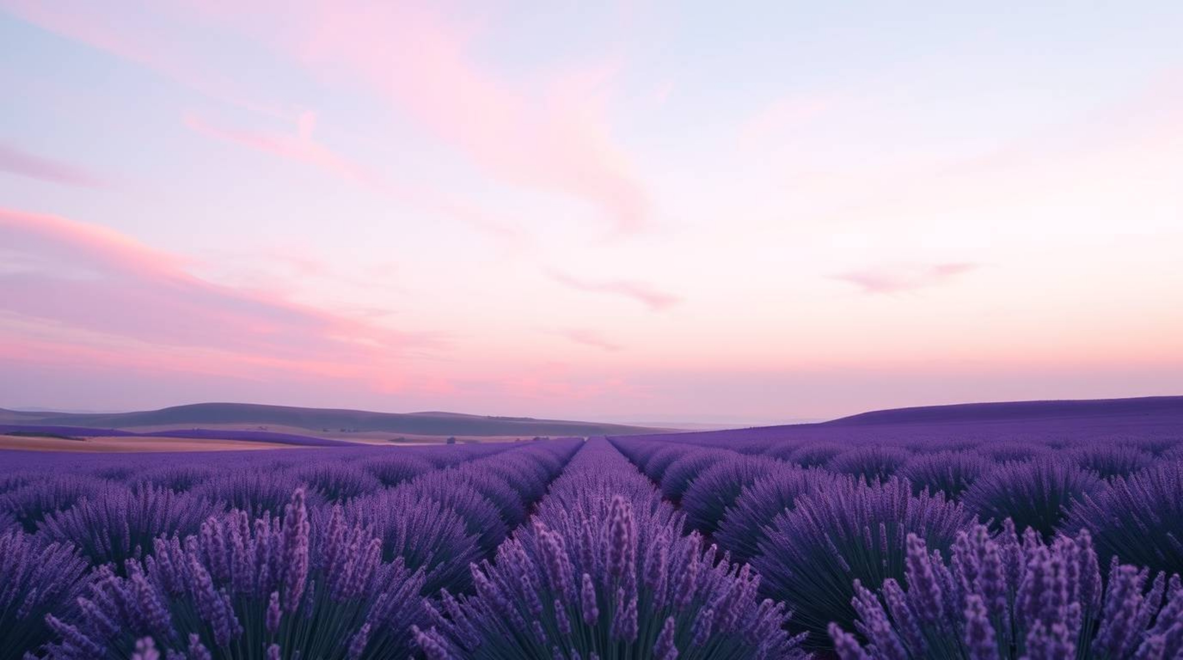 This soft pastel logo features glowing lavender fields beneath a dreamy pink sky, incorporating geometric shapes and clean li