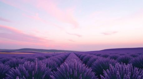 This soft pastel logo features glowing lavender fields beneath a dreamy pink sky, incorporating geometric shapes and clean li