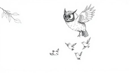A hand-drawn sketch showcases a unique scene: a blind owl, rendered in the iconic Pixar animation style, patiently teaching a