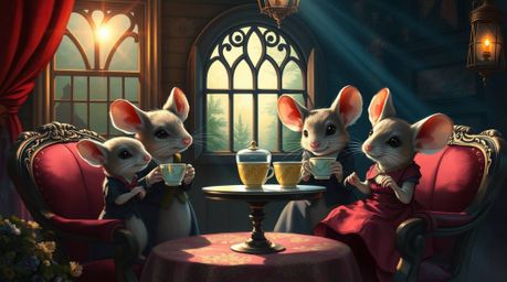 A captivating digital painting depicts anthropomorphic mice enjoying a sophisticated tea party within a charming cottage.  Ri