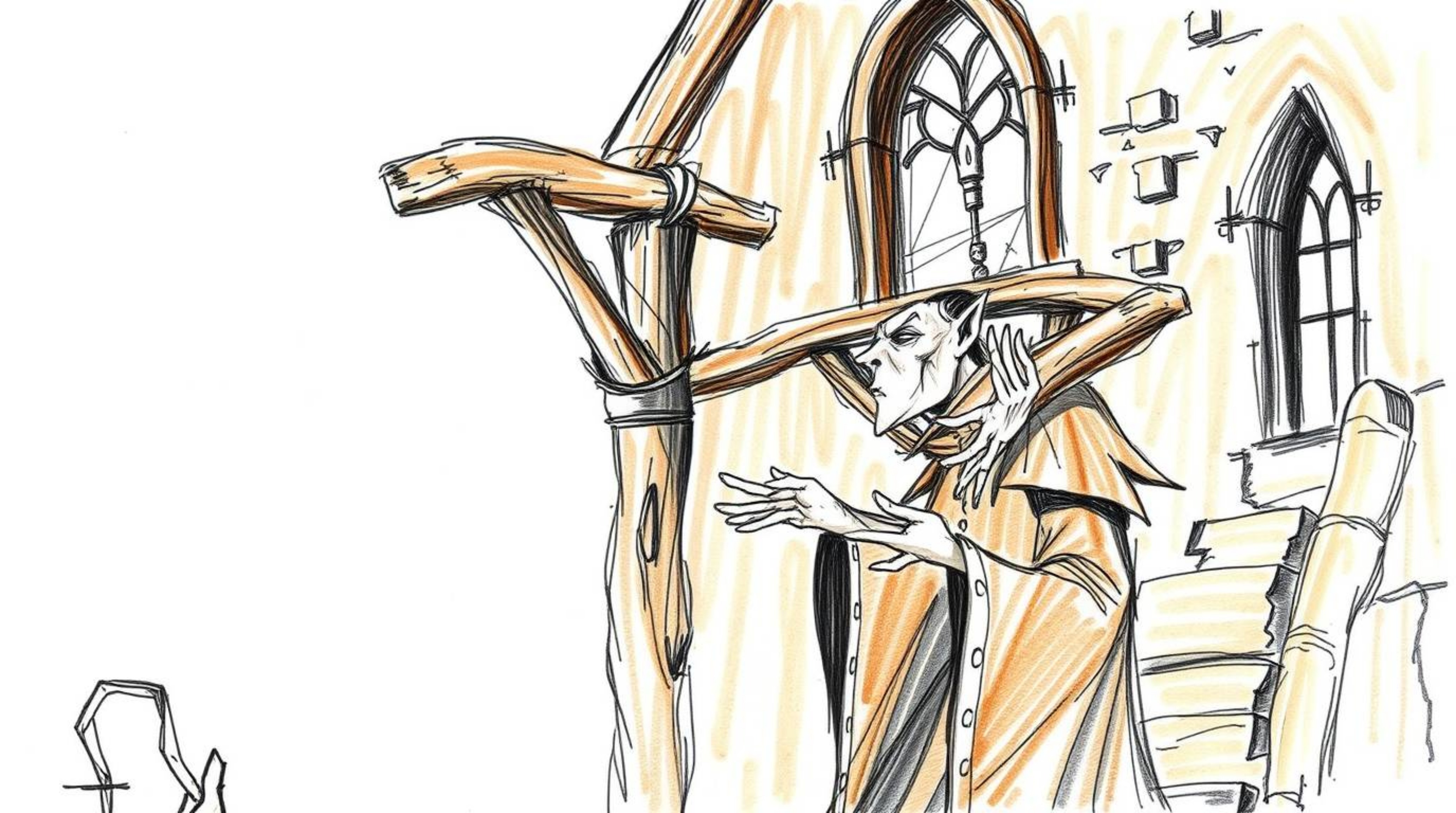 A hand-drawn sketch featuring a classic Disney villain with gaunt features and pale skin, casting a spell within a rustic cas