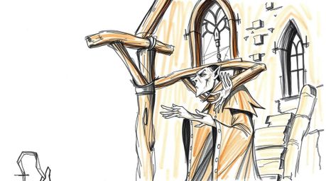A hand-drawn sketch featuring a classic Disney villain with gaunt features and pale skin, casting a spell within a rustic cas