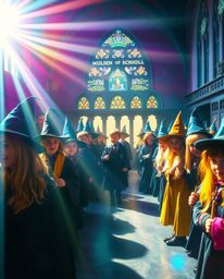 Immerse yourself in a magical school teeming with young wizards, vividly brought to life with a vibrant palette of electric b