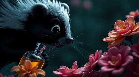 An extreme macro close-up image of a cartoon skunk delicately spraying perfume onto flowers, rendered in intense jet black wi