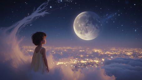 In a dreamy, cinematic photograph with a whimsical, Pixar-inspired style, a curious, wide-eyed child stands on an ethereal cl