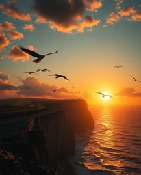 An epic, modern, and futuristic scene depicts a sunset over a coastal cliff, featuring soaring birds on a massive scale. The 