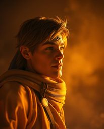 Embark on a dreamy desert adventure with a brave Disney-style hero.  Experience soft cinematic haze, a warm golden glow, and 