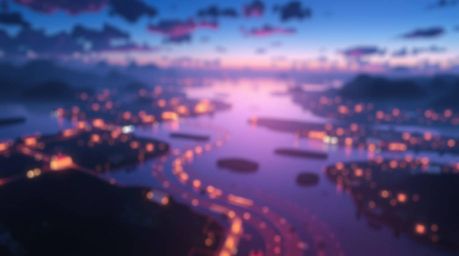 A captivating Isekai anime-style rendering of a river delta bathed in the warm glow of twilight.  The image features a strong