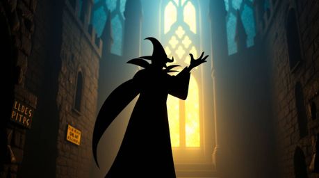 A classic Disney villain is silhouetted against an iridescent light source as they cast a spell within an ancient castle. Th