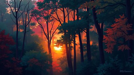 A stunning digital painting captures the vibrant energy of a sunset filtering through a dense forest.  The artwork showcases 